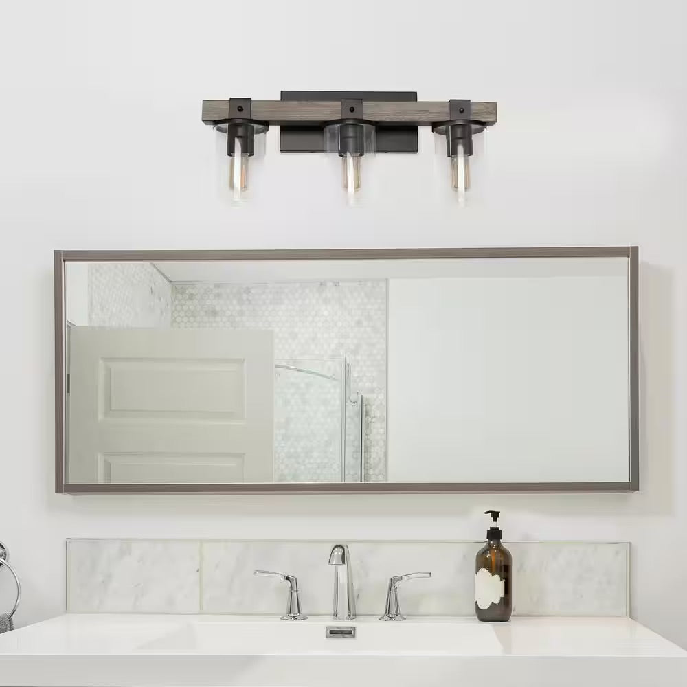 Elegant Designs 3-Light Gray Industrial Rustic Lantern Restored Wood Look Bath Vanity Light