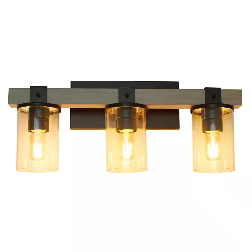 Elegant Designs 3-Light Gray Industrial Rustic Lantern Restored Wood Look Bath Vanity Light