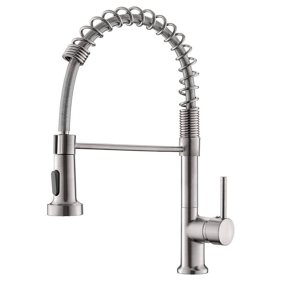Fapully Single Handle Pull-Down Spring Neck Sprayer Kitchen Faucet in Brushed Nickel