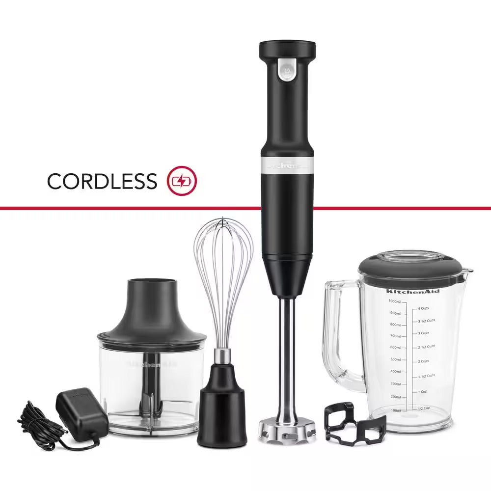 KitchenAid Cordless Variable Speed Black Matte Hand Blender with Chopper and Whisk Attachment