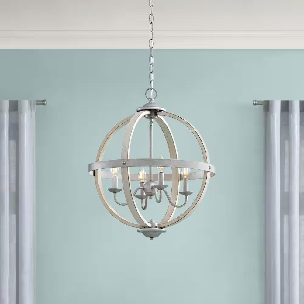 Home Decorators Collection Keowee 19.88 in. 4-Light Galvanized Farmhouse Orb Chandelier Pendant with Antique White Wood Accents