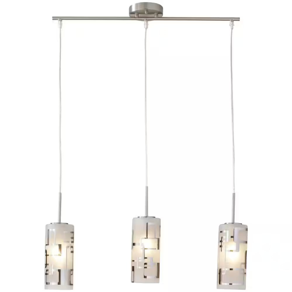 Hampton Bay 3-Light Brushed Nickel Ceiling Mini Pendant with Modern Pattern Etched White Glass Shades