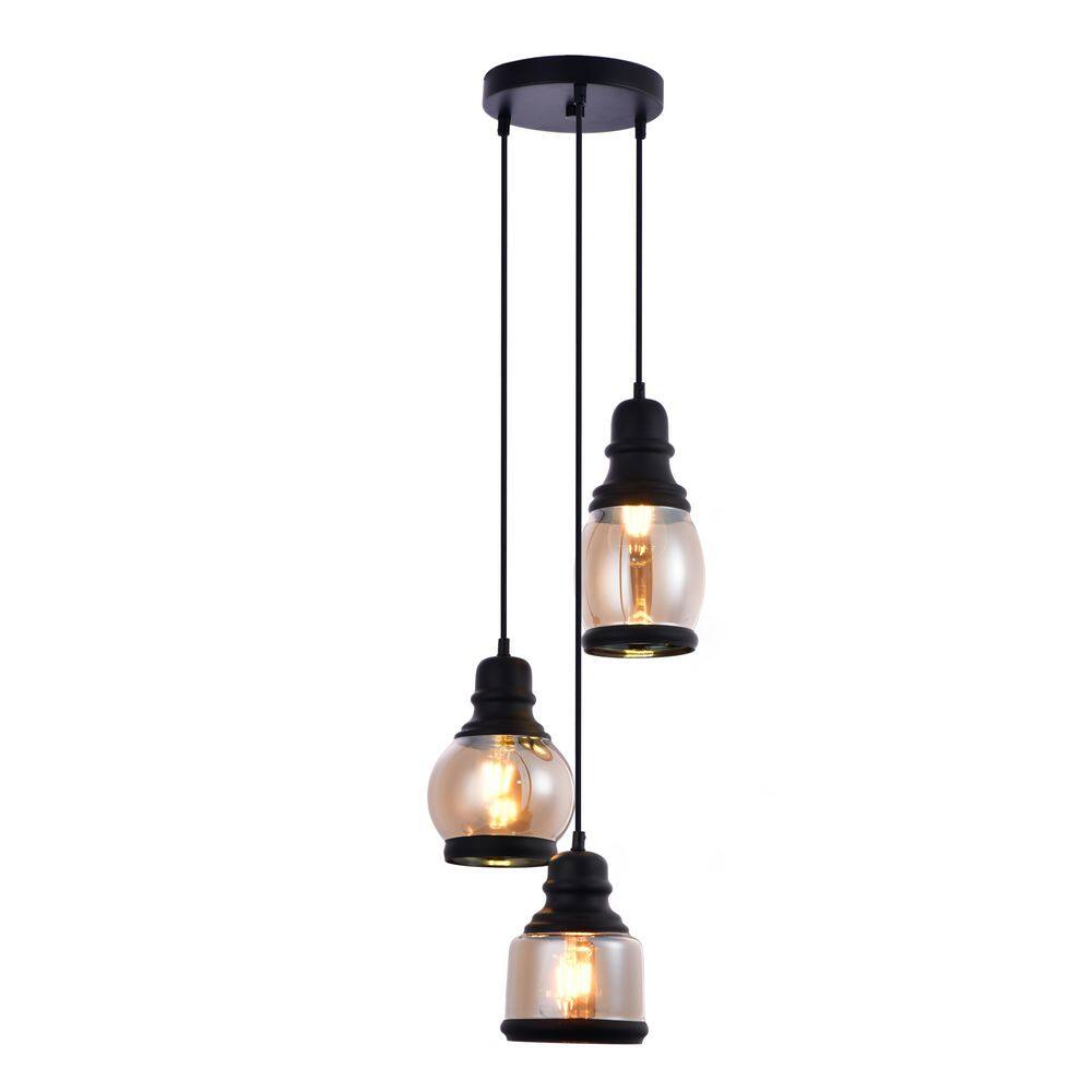 LAZZUR Vaige 13 in. 3-Light Matte Black Pendant with Amber Glass Shade