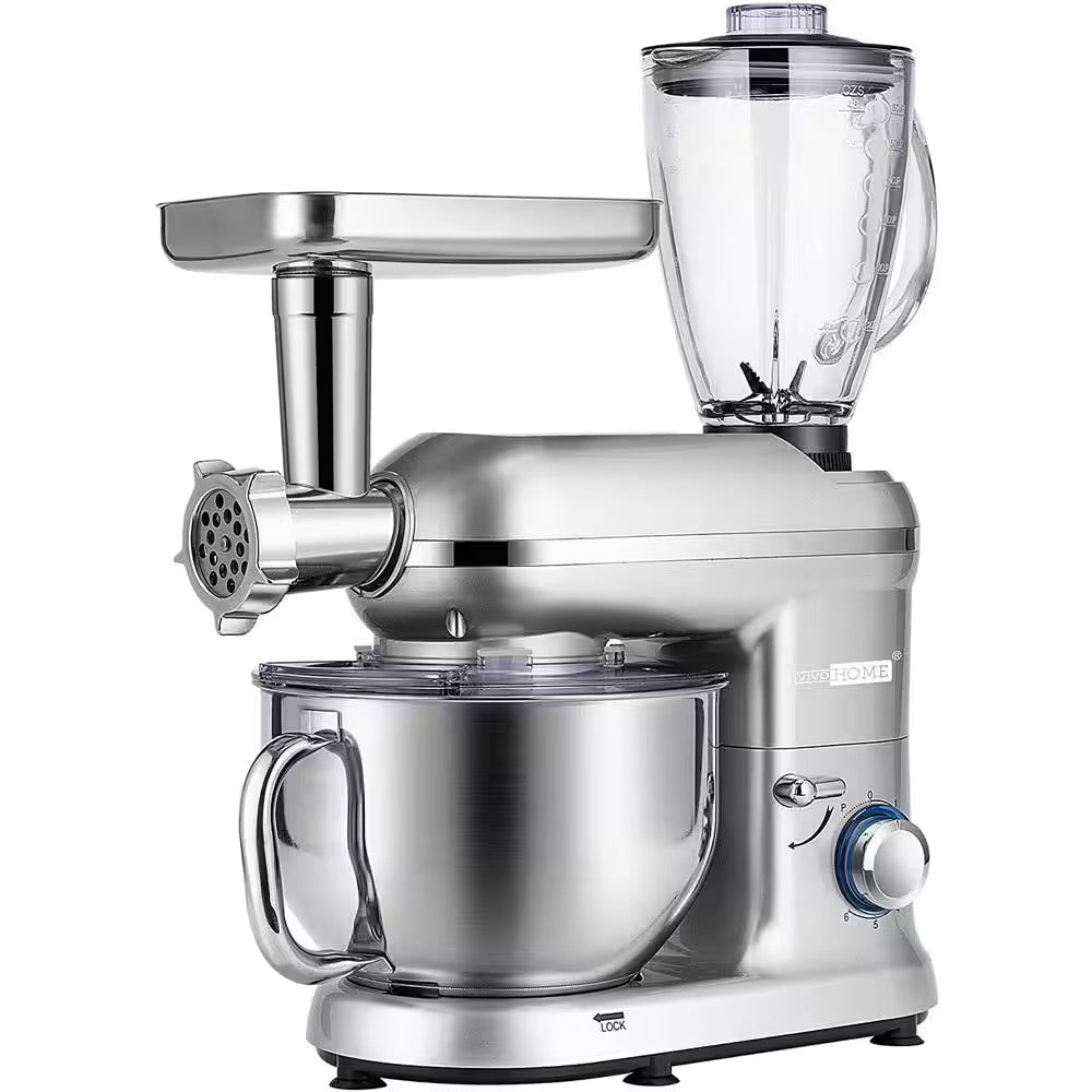 VIVOHOME 6 qt. 6- speed Silver 3 in 1 Multifunctional Stand Mixer with Meat Grinder and Juice Blender, ETL Listed