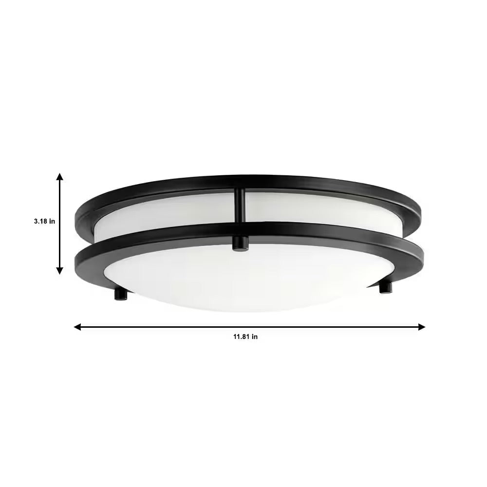Hampton Bay Flaxmere 12 in. Matte Black Dimmable LED Flush Mount Ceiling Light with Frosted White Glass Shade