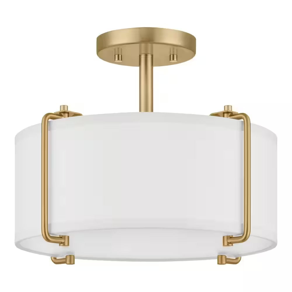 Home Decorators Collection Brookley 14 in. 2-Light Brushed Gold Semi-Flush Mount with White Fabric Shade