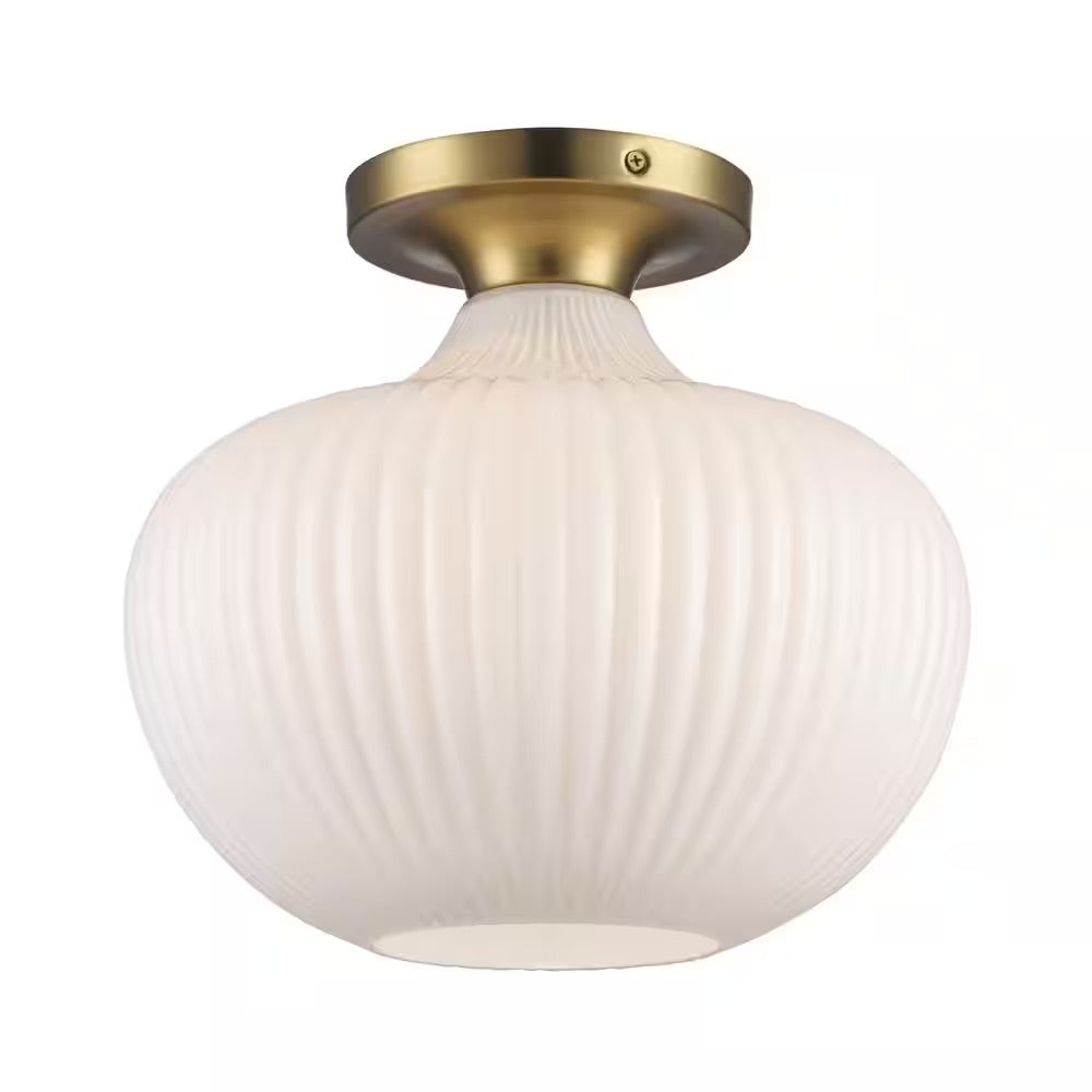 Bel Air Lighting Aristo 12 in. 1-Light Antique Gold Semi-Flush Mount Kitchen Ceiling Light Fixture with Frosted Glass Shade