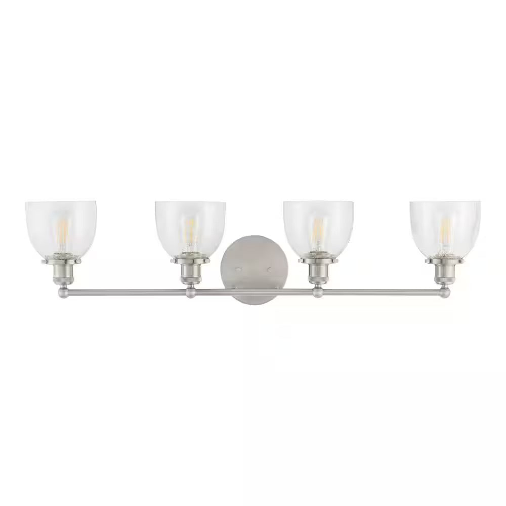 Home Decorators Collection Evelyn 37.5 in. 4-Light Brushed Nickel Modern Industrial Bathroom Vanity Light with Clear Glass Shades