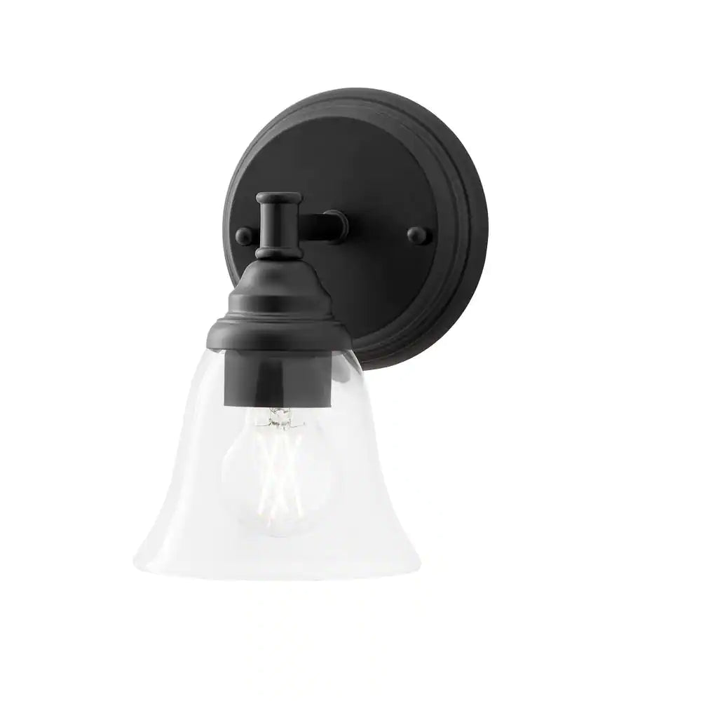 Hampton Bay Marsden 5.5 in. 1-Light Matte Black Transitional Wall Mount Sconce Light with Clear Glass Shade