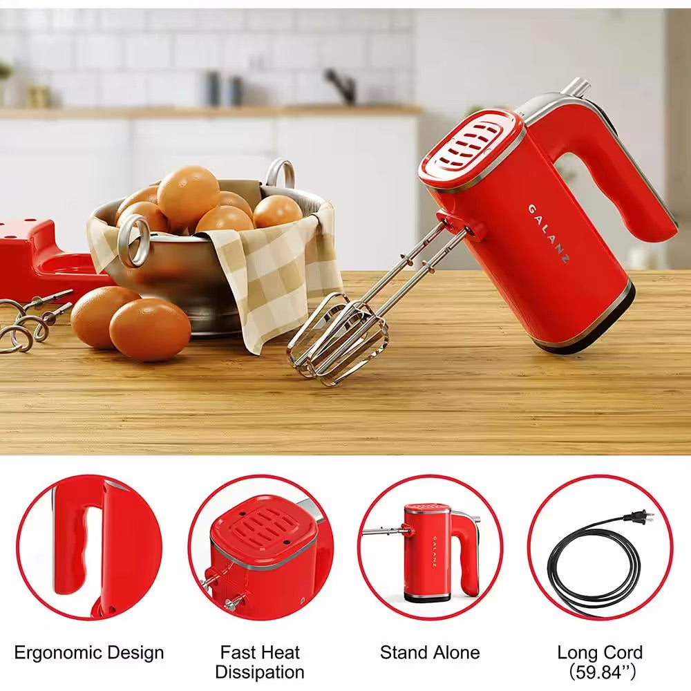 Galanz 5-Speed Retro Red Hand Mixer with Paddle Attachment