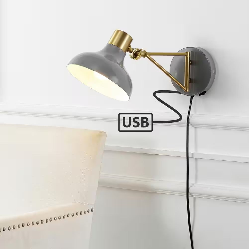JONATHAN Y Lynn 15 in. Swing Arm 1-Light Grey/Brass Gold Modern Midcentury Iron USB Charging Port LED Wall Sconce