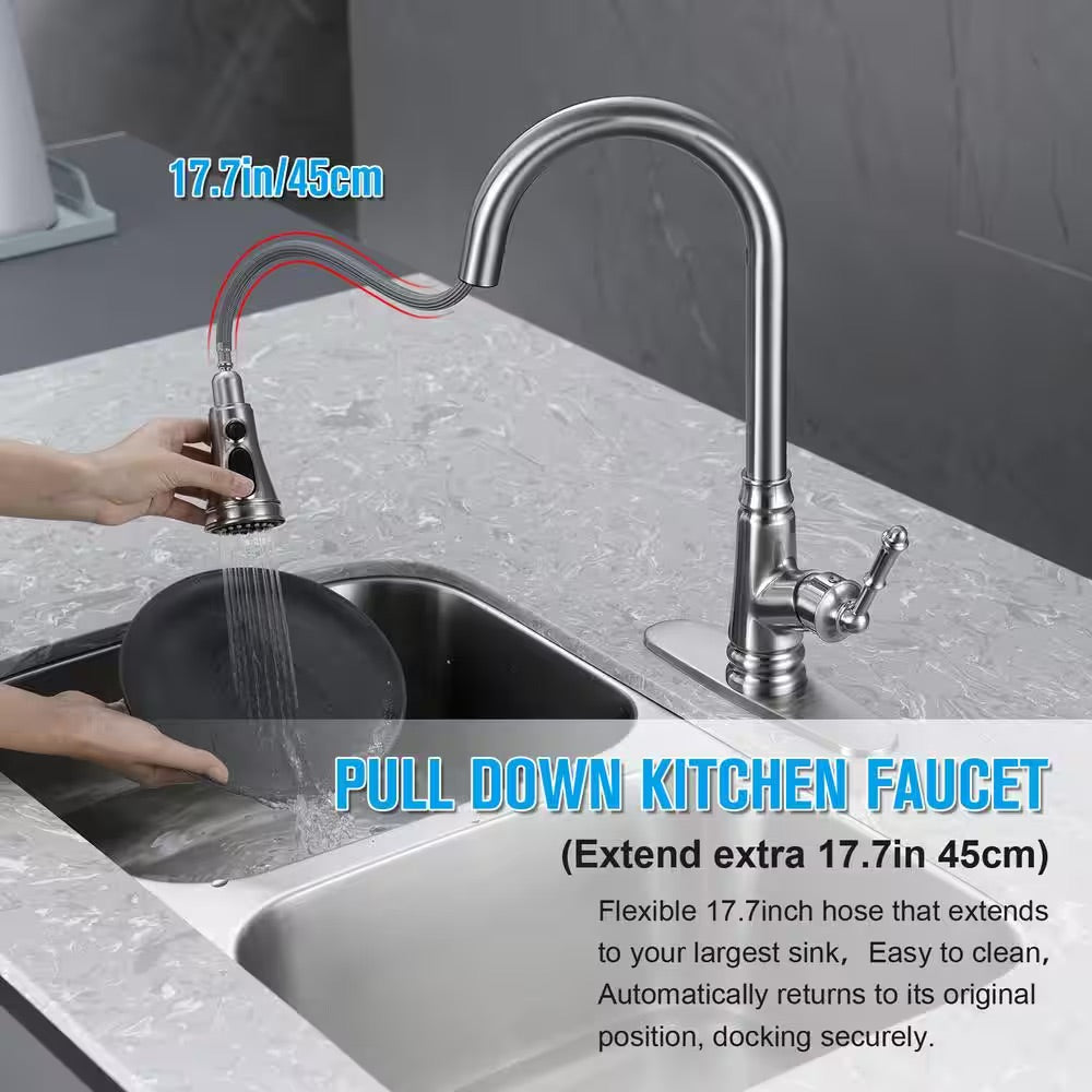 ELLO&ALLO Touchless Single Handle Deck Mount Gooseneck Pull Down Sprayer Kitchen Faucet with Deckplate in Brushed Nickel