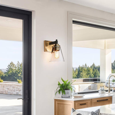 Zevni Fatime 1-Light Black Indoor Wall Sconce, Cone Clear Glass Modern Bathroom Vanity Light, Industrial Brass Gold Wall Light