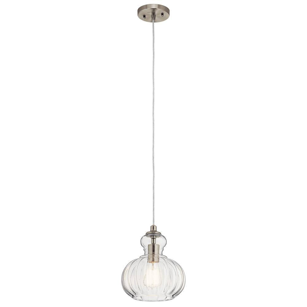 KICHLER Riviera 10.25 in. 1-Light Brushed Nickel Transitional Kitchen Mini Pendant Hanging Light with Clear Ribbed Glass