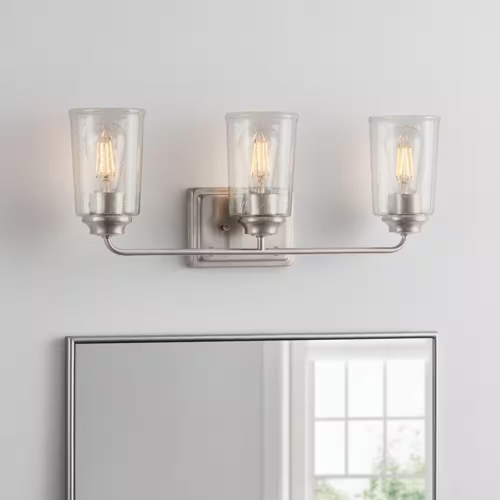 Hampton Bay Evangeline 23 in. 3-Light Brushed Nickel Farmhouse Bathroom Vanity Light with Clear Seeded Glass Shades