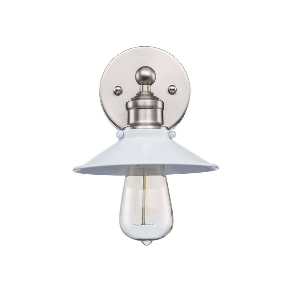 Hampton Bay Glenhurst 1-Light White and Brushed Nickel Indoor Industrial Farmhouse Wall Sconce Light Fixture with Metal Shade