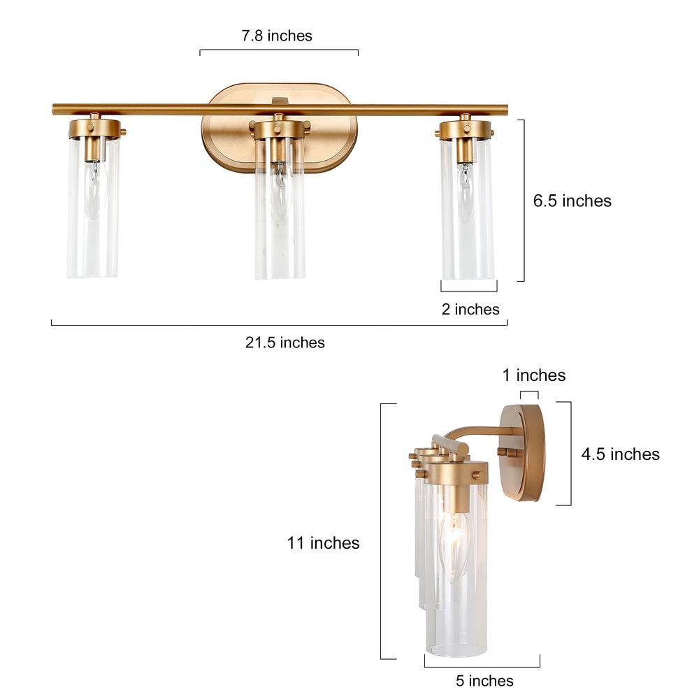 LNC Antique Gold Modern 3-Light Bathroom Vanity Light 21.5 in. Powder Room Wall Light with Cylinder Clear Glass Shades