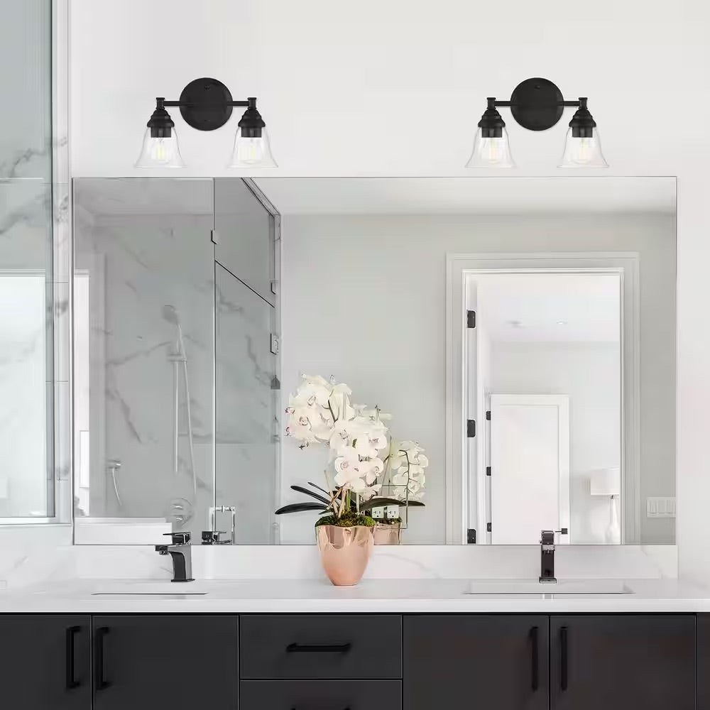Hampton Bay Marsden 14.25 in. 2-Light Matte Black Transitional Bathroom Vanity Light with Clear Glass Shades