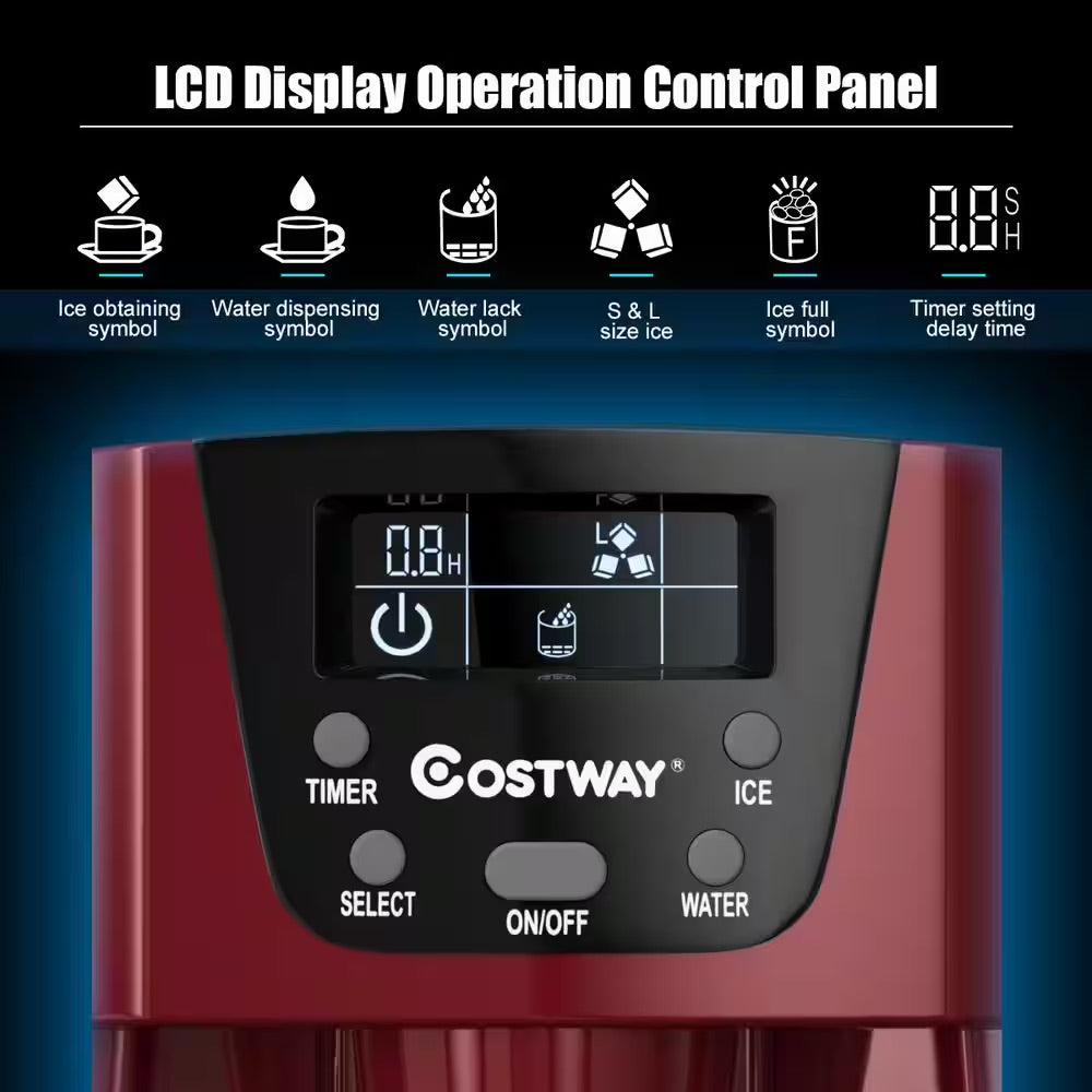 Costway 10 in. 36 lbs./24H Portable 2-In-1 Ice Maker Water Dispenser LCD Display in Red