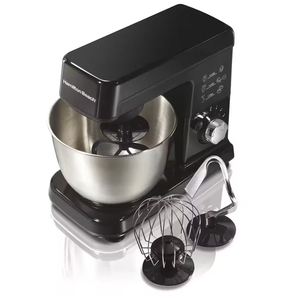 Hamilton Beach 3.5 qt. 6-Speed Black Stand Mixer with Dough Hook, Whisk and Flat Beater Attachments