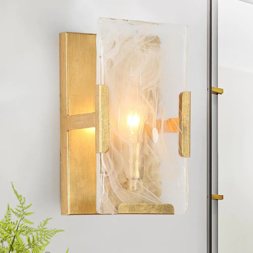 Zevni 1-Light Modern Antique Gold Leaf Wall Sconce, Cloud-Like Glass Bedroom Wall Light, Mid-Century Modern Light Fixture