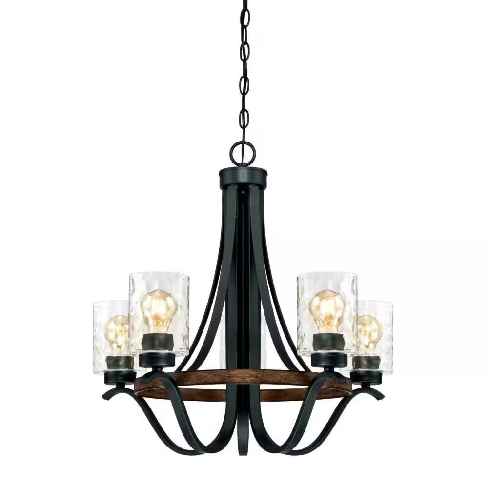 Westinghouse Barnwell 5-Light Textured Iron and Barnwood Chandelier with Clear Hammered Glass Shades
