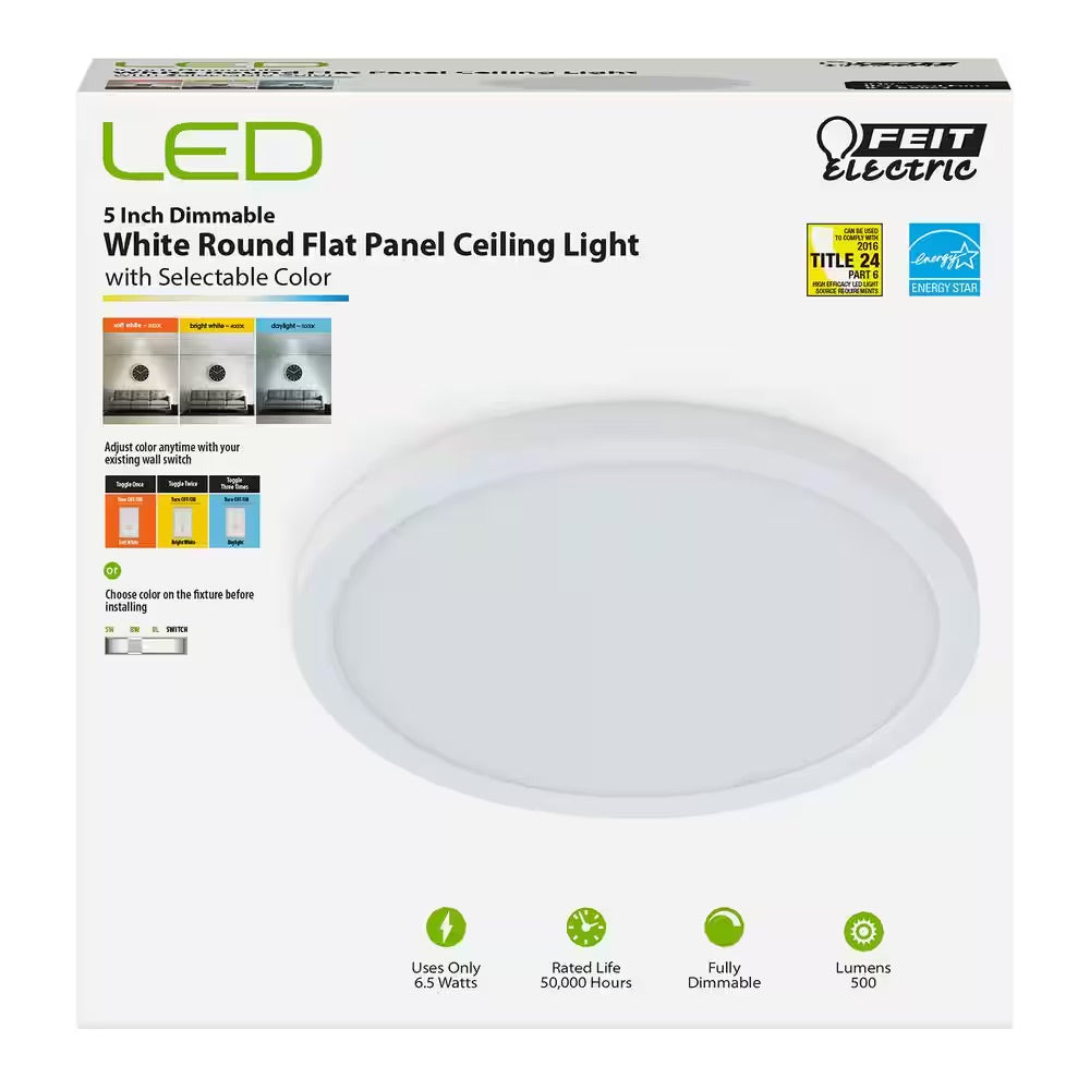 Feit Electric 5 in. 8-Watt Title 24 Dimmable White Integrated LED Round Flat Panel Ceiling Flush Mount with Color Change CCT