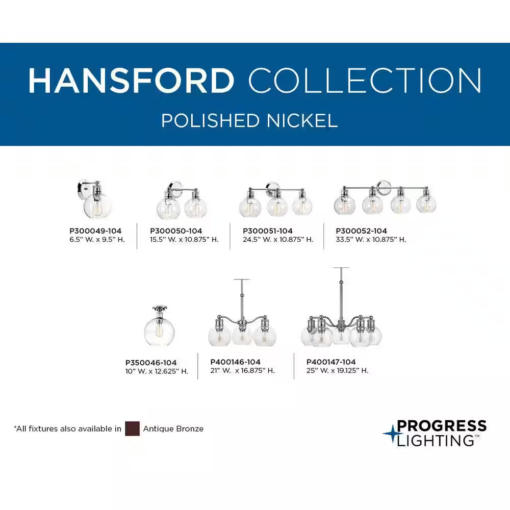 Progress Lighting Hansford Collection 24-1/2 in. 3-Light Polished Nickel Clear Glass Coastal Farmhouse Bathroom Vanity Light