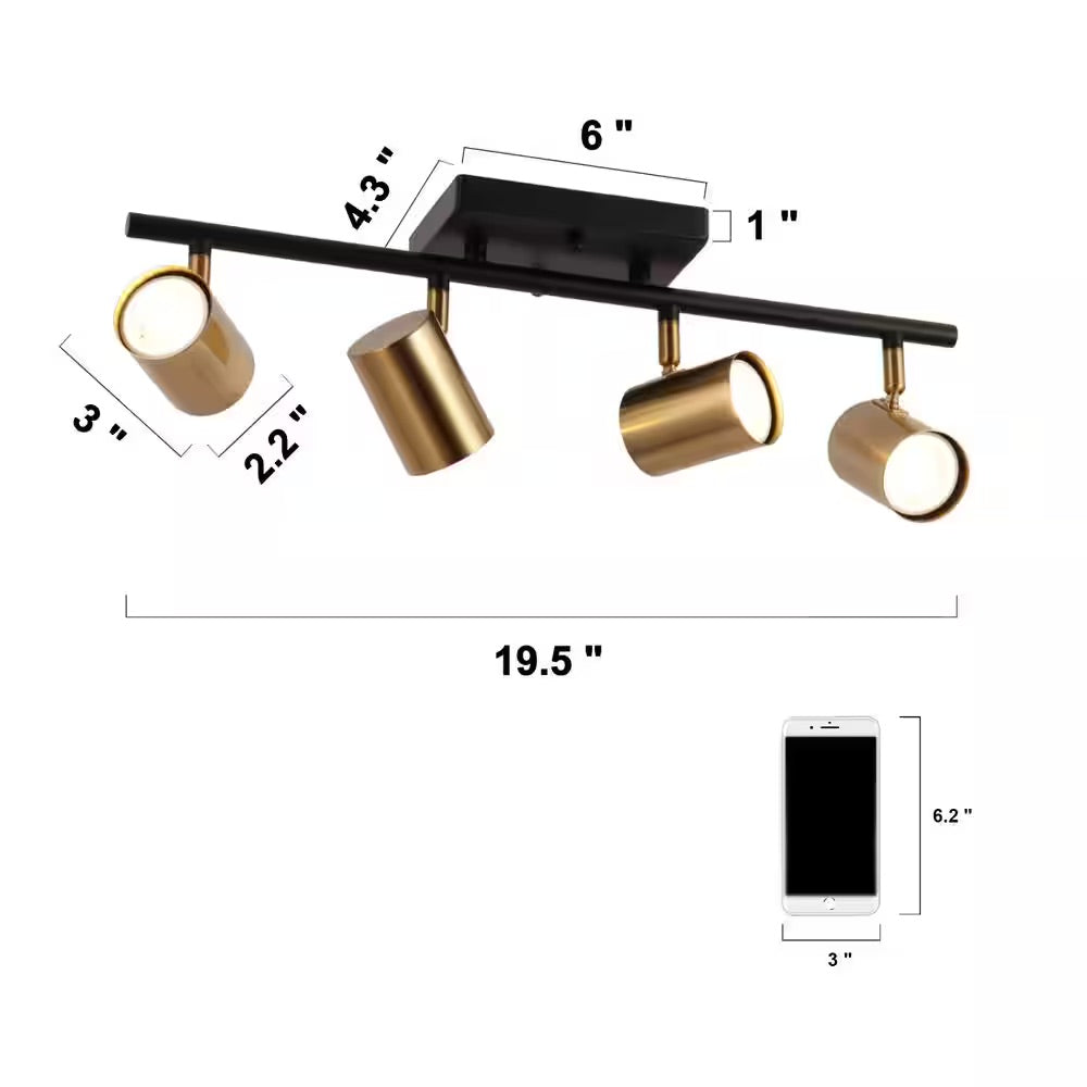 Zevni Sharre 1.6 ft. Black Modern Track Lighting Kits, 4-Light Brass Gold Linear Rotating Head Track Light with Metal Shade