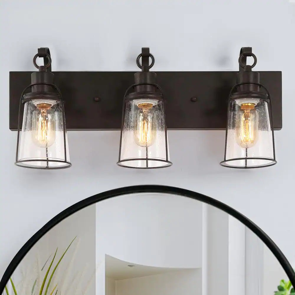 Uolfin Farmhouse Rustic Dark Brown Vanity Light, 22 in. 3-Light Antique Cage Bathroom Wall Sconce with Seeded Glass Shades