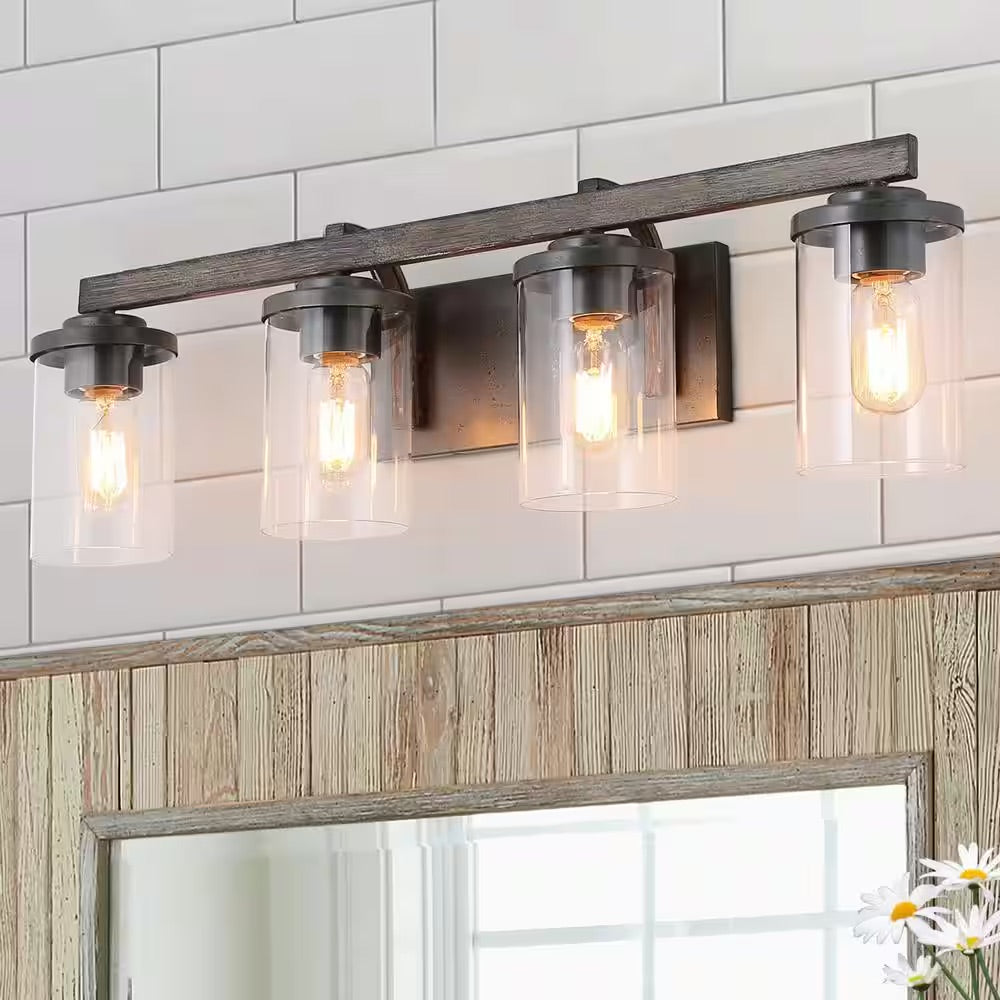 LNC Birdwood 28 in. 4-Light Rust Gray Industrial Bathroom Vanity Light with Brushed Bronze Accents and Clear Glass Shades