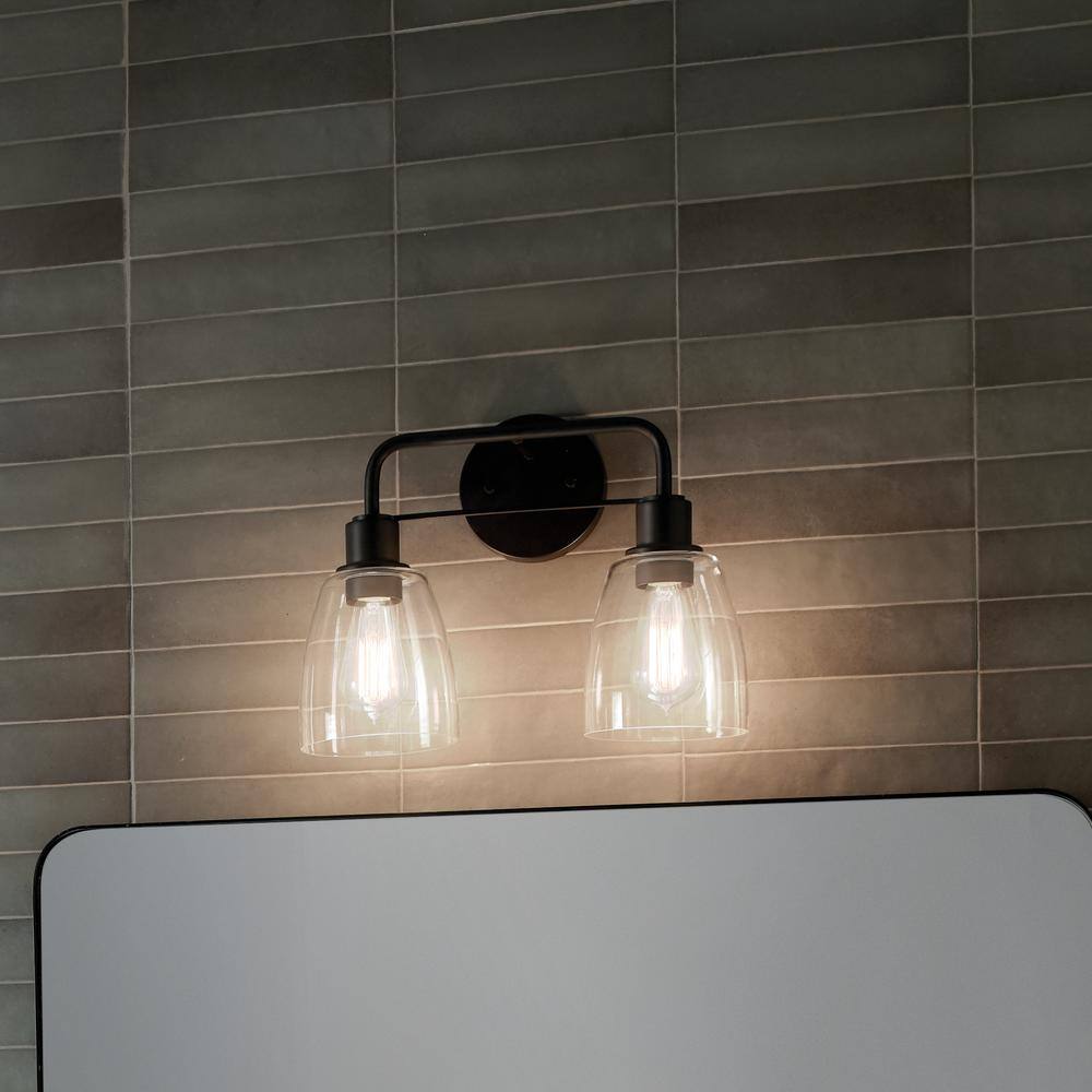 KICHLER Meller 15 in. 2-Light Black Bathroom Vanity Light with Clear Glass