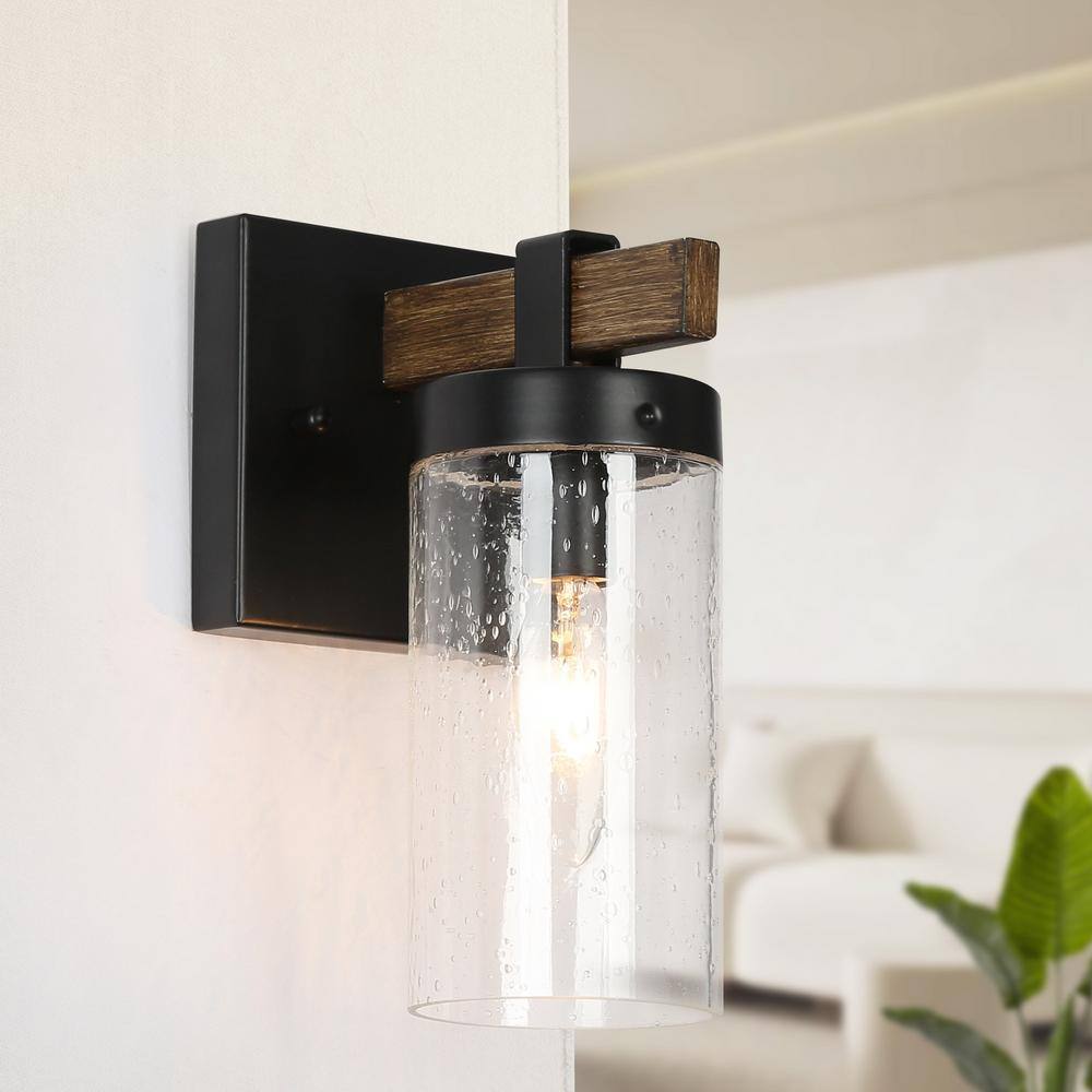 LNC 1-Light Black Industrial Wall Sconce with Seeded Glass Shade and Faux Wood Accents