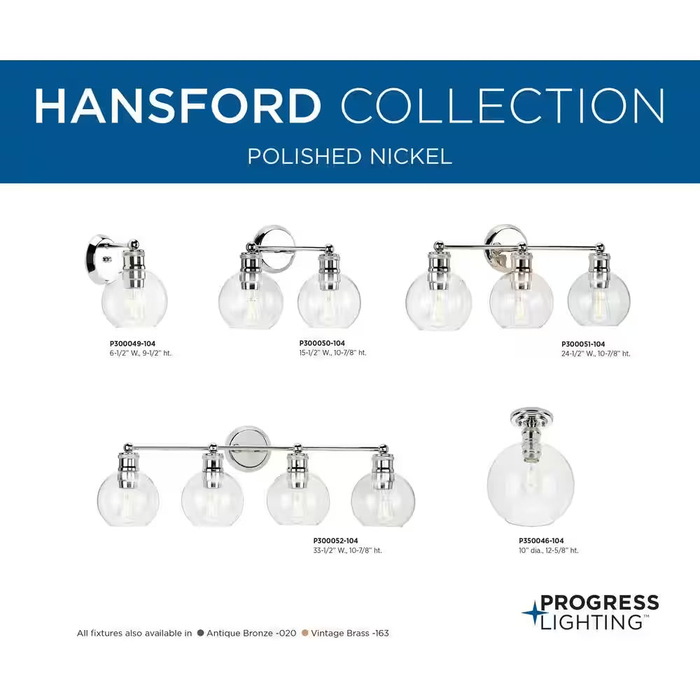 Progress Lighting Hansford Collection 24-1/2 in. 3-Light Polished Nickel Clear Glass Coastal Farmhouse Bathroom Vanity Light