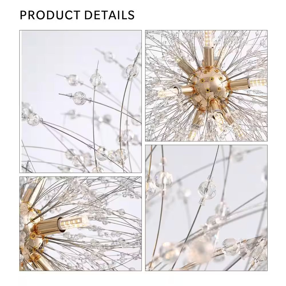 SILJOY 20 in. 9-Light Gold Crystal Modern Chandelier Ceiling Pendant Lighting Starburst Chandeliers for Dining Room