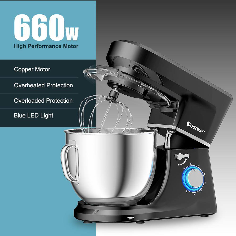 Costway 660W 7.5 qt. . 6-Speed Black Stainless Steel Stand Mixer with Dough Hook Beater