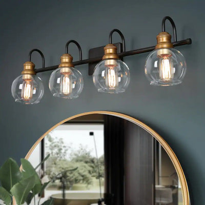 LNC Modern Black Wall Light 29.5 in. 4-Light Bronze and Antique Gold Bathroom Brass Vanity Light with Globe Glass Shades