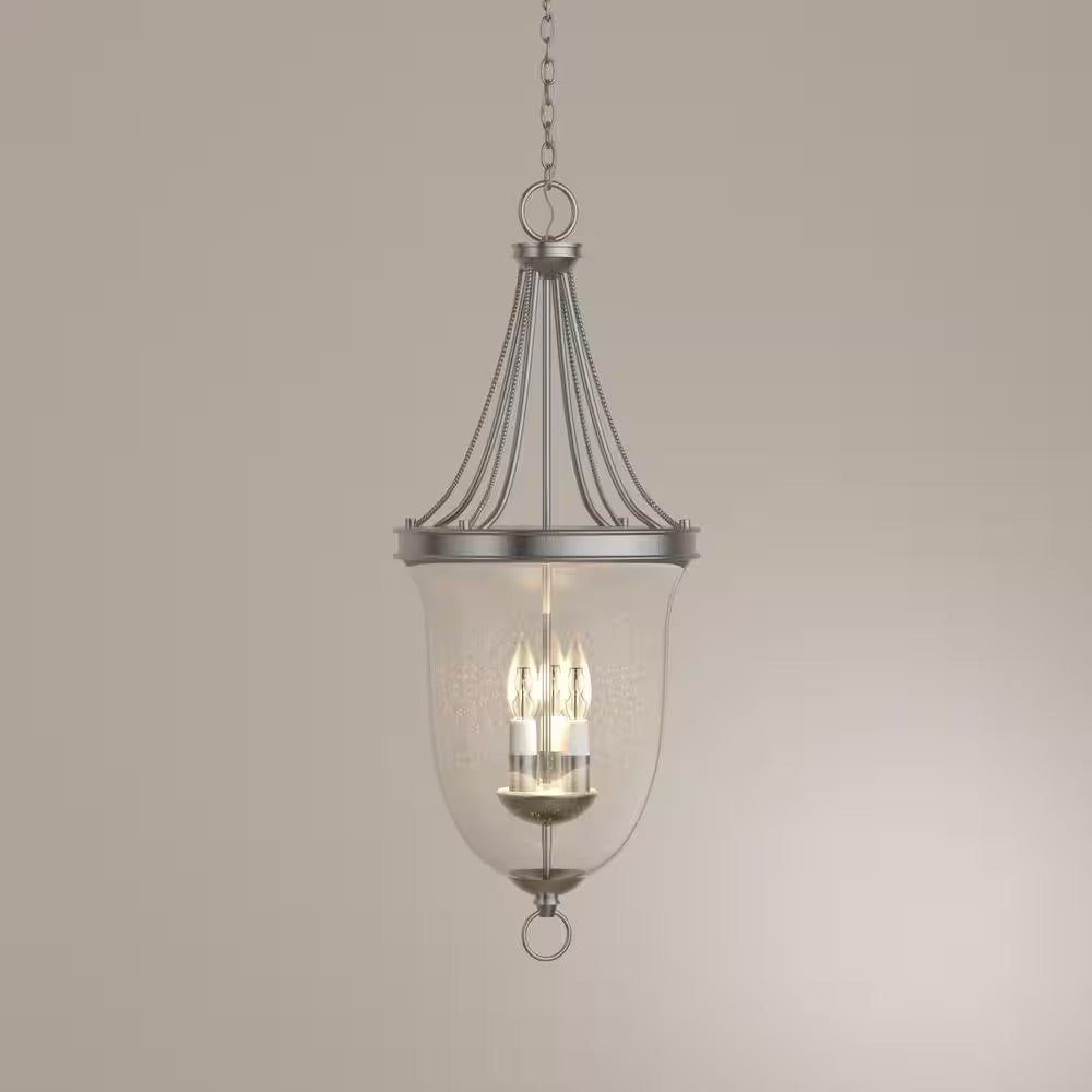 Progress Lighting Seeded Glass Collection 9.75 in. 3-Light Brushed Nickel Foyer Pendant with Clear Seeded Glass
