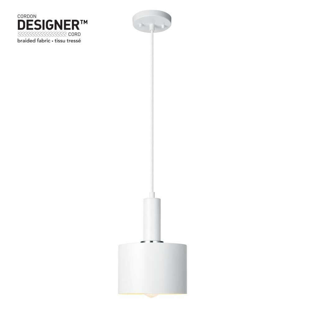 1-Light Matte White Pendant with Metal Shade and Chrome Accent