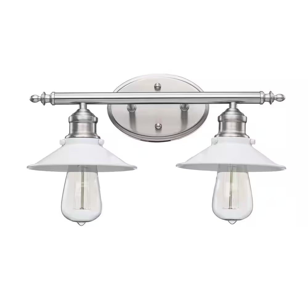 Hampton Bay Glenhurst 2-Light White and Brushed Nickel Industrial Farmhouse Bathroom Vanity Light Fixture with Metal Shades