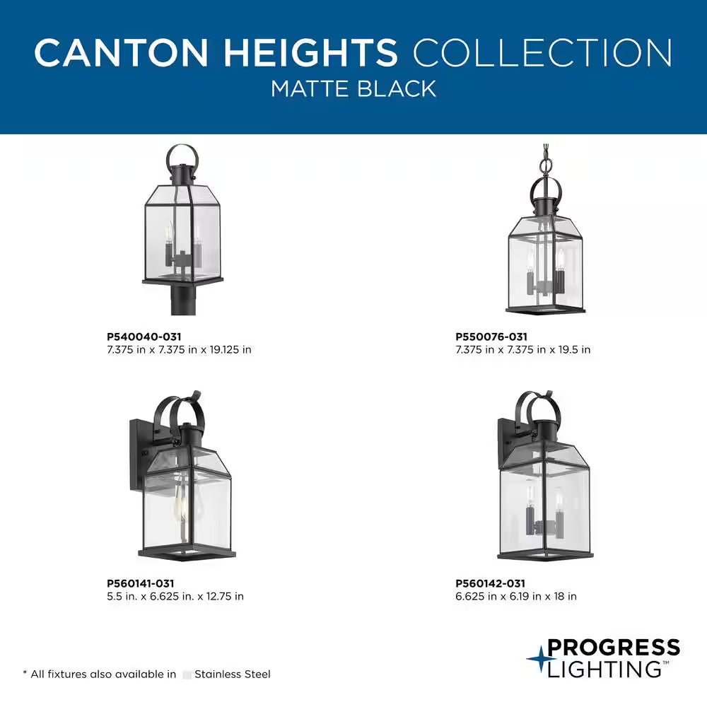 Progress Lighting Canton Heights 18 in. 2-Light Matte Black Transitional Outdoor Wall Lantern with Clear Beveled Glass
