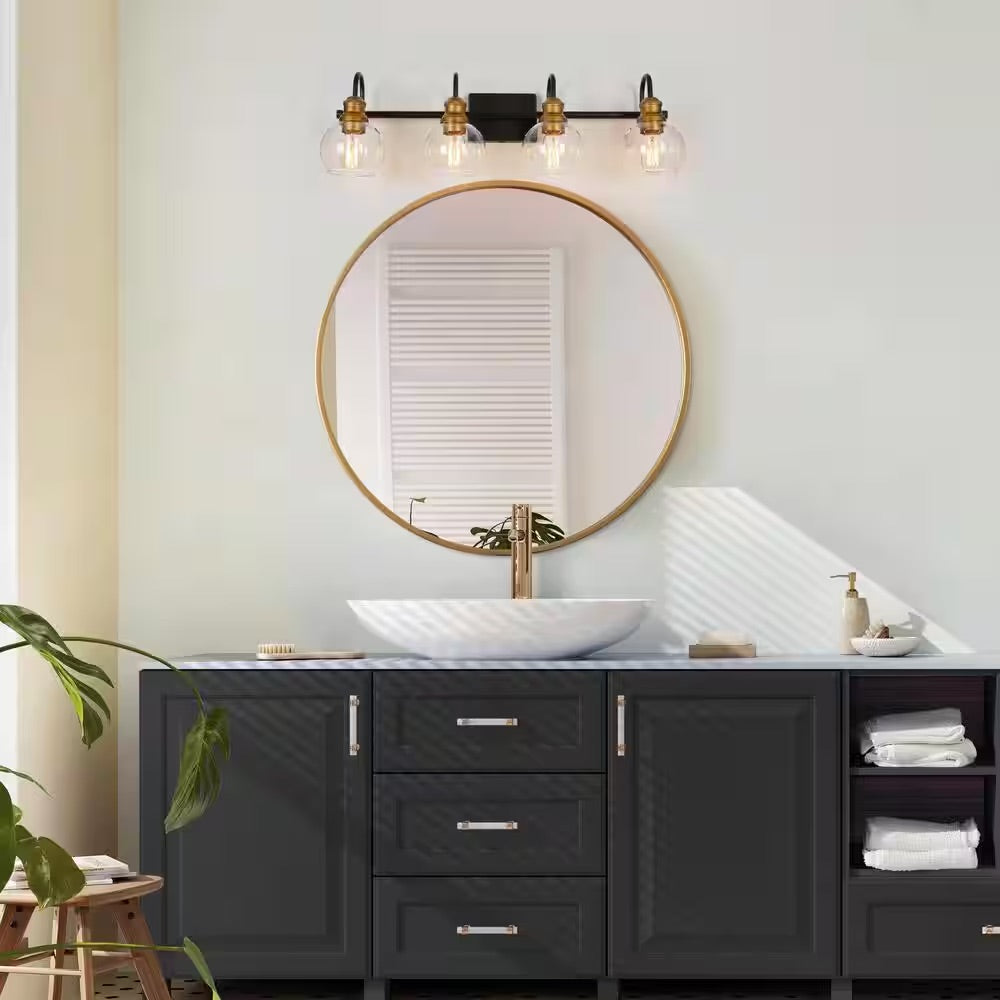 LNC Modern Black Wall Light 29.5 in. 4-Light Bronze and Antique Gold Bathroom Brass Vanity Light with Globe Glass Shades