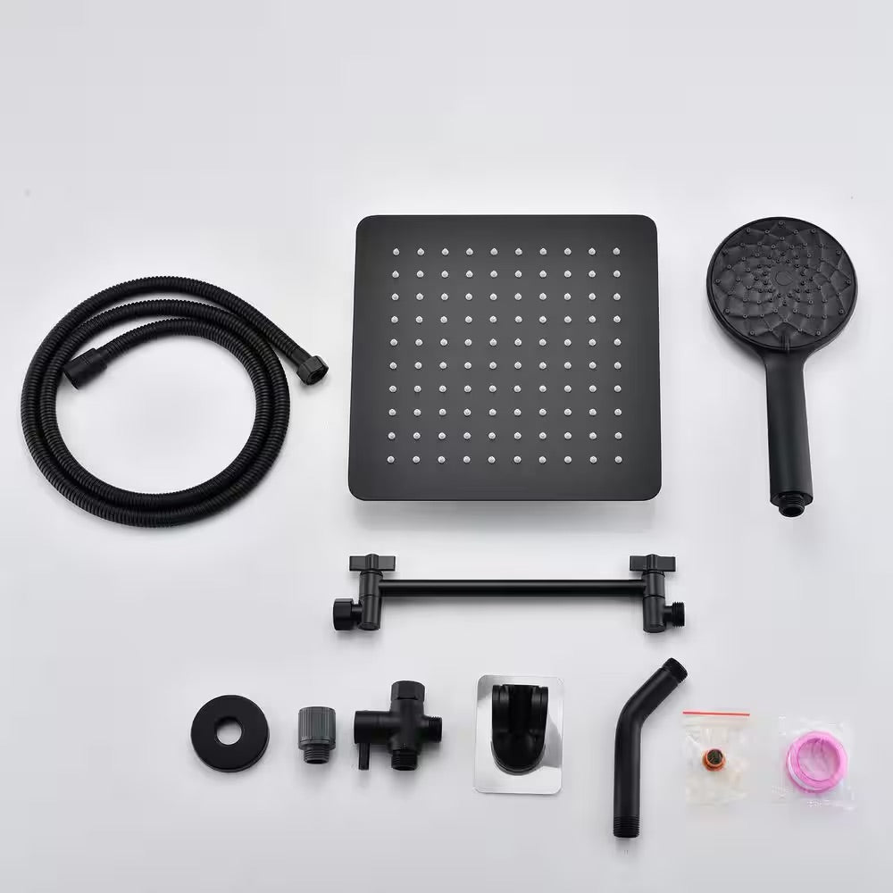 YASINU 7-Spray Patterns 10 in. Wall Mount Square Rain Dual Shower Heads with Hand Shower in Matte Black