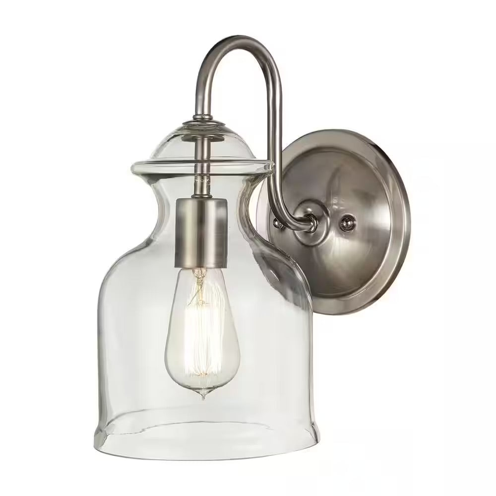 Home Decorators Collection Garridan 1-Light Brushed Nickel Wall Sconce with Clear Glass Shade