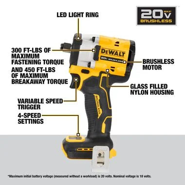 DEWALT ATOMIC 20V MAX Cordless Brushless 1/2 in. Impact Wrench (Tool Only)