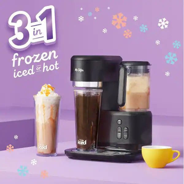 Mr. Coffee 2-Cup Black Single-Serve Iced and Hot Coffee Maker and Blender with 2 Tumblers