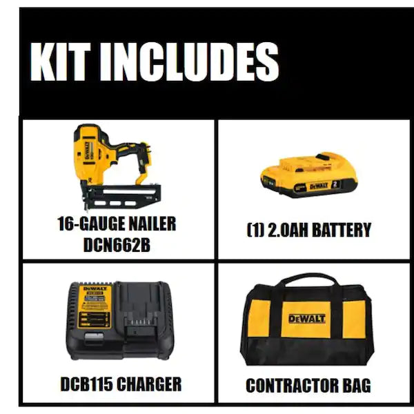 DEWALT 20V MAX XR Lithium-Ion 16-Gauge Cordless Finish Nailer Kit with 2.0Ah Battery, Charger and Kit Bag