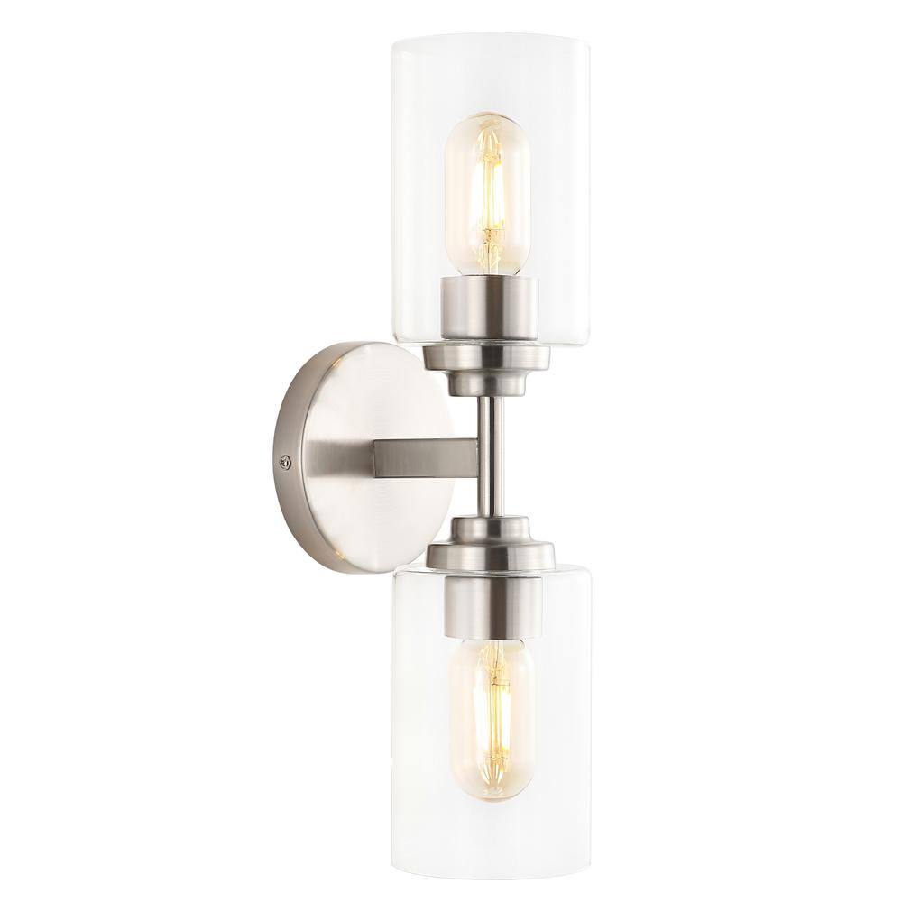 JONATHAN Y Giles 5.75 in. 2-Light Nickel Farmhouse Industrial Iron Cylinder LED Vanity Light