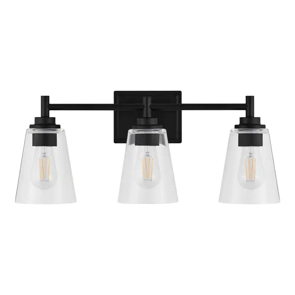 Hampton Bay Wakefield 22 in. 3-Light Matte Black Modern Vanity Light with Clear Glass Shades