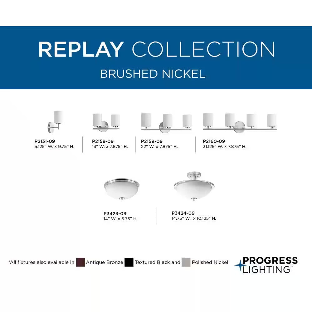 Progress Lighting Replay Collection 13 in. 2-Light Brushed Nickel Etched White Glass Modern Bathroom Vanity Light